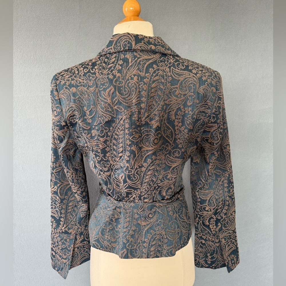 Biacci Jacquard Paisley Blazer Sz 6 Teal Bronze Jeweled Belted Jacket - Picture 2 of 13